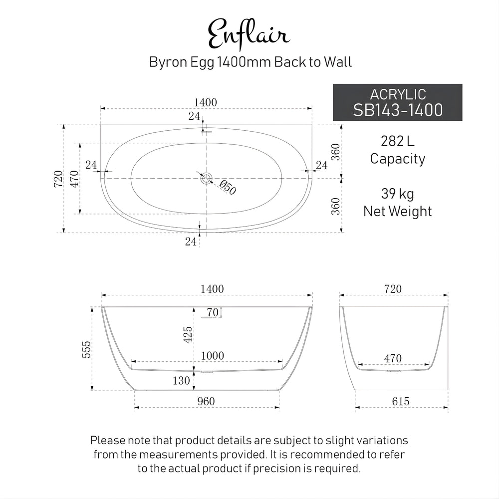 ENFLAIR BYRON EGG BACK TO WALL FREESTANDING BATH WITH OVERFLOW GLOSS WHITE (MULTIPLE SIZES AVAILABLE)