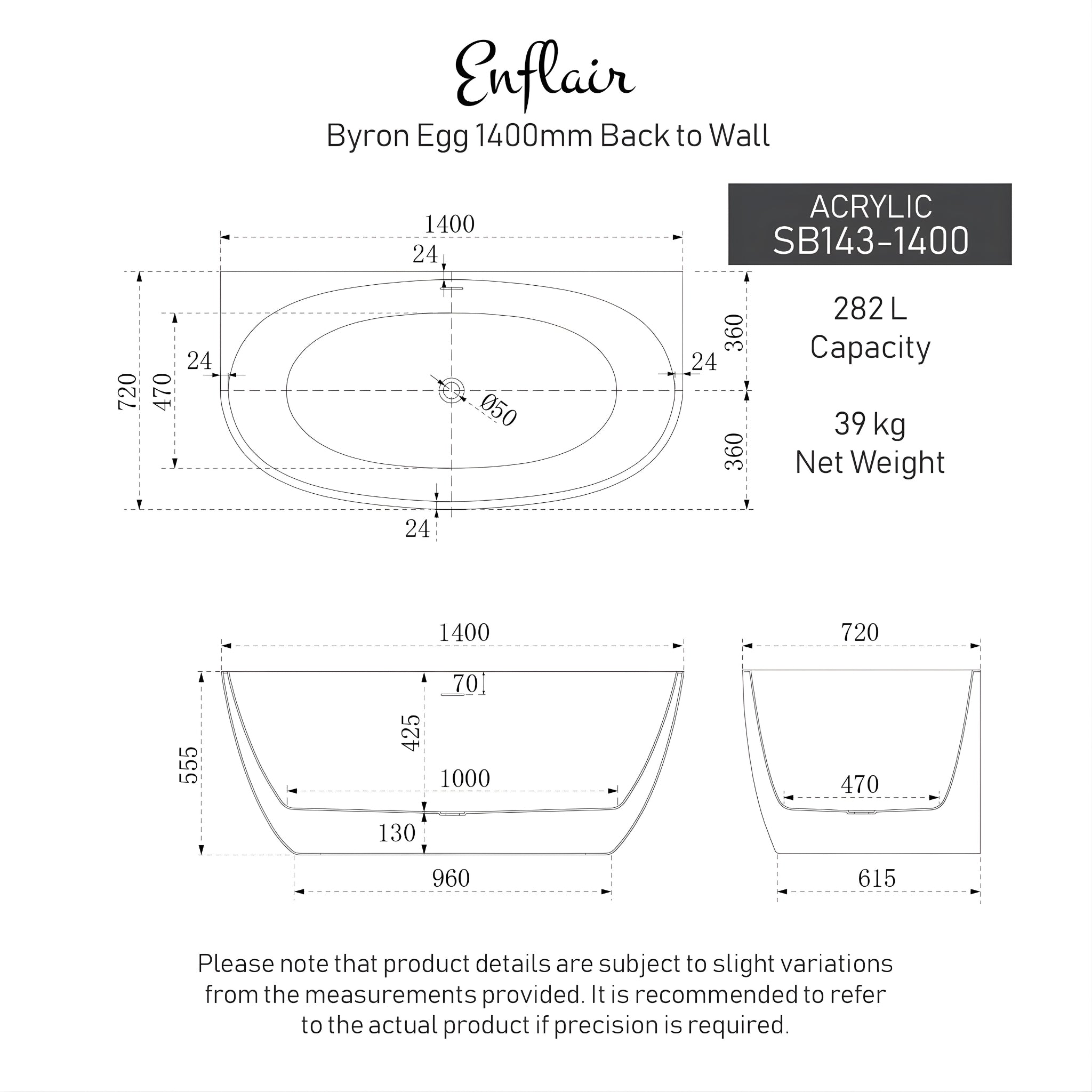 ENFLAIR BYRON EGG BACK TO WALL FREESTANDING BATH WITH OVERFLOW GLOSS WHITE (MULTIPLE SIZES AVAILABLE)