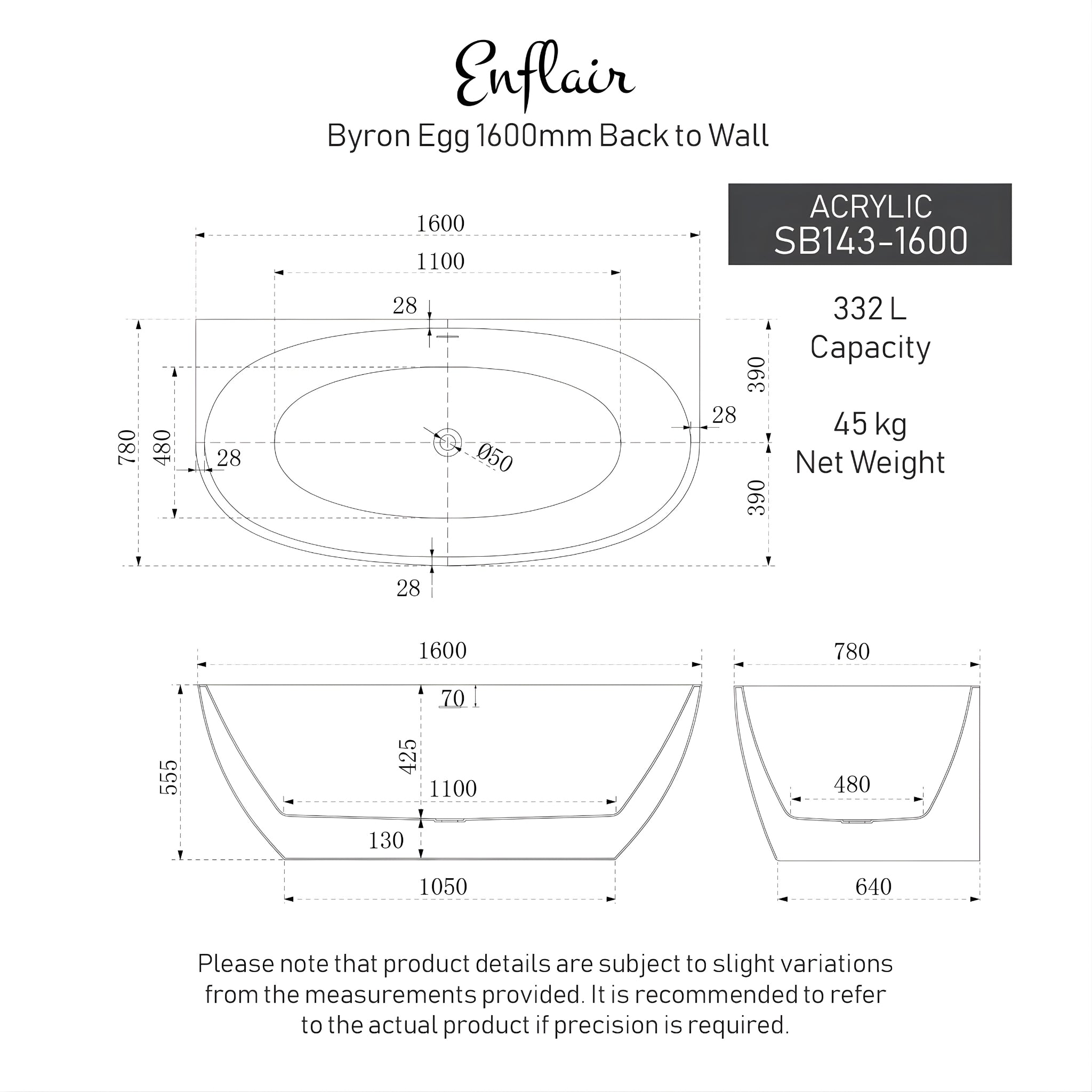 ENFLAIR BYRON EGG BACK TO WALL FREESTANDING BATH WITH OVERFLOW GLOSS WHITE (MULTIPLE SIZES AVAILABLE)