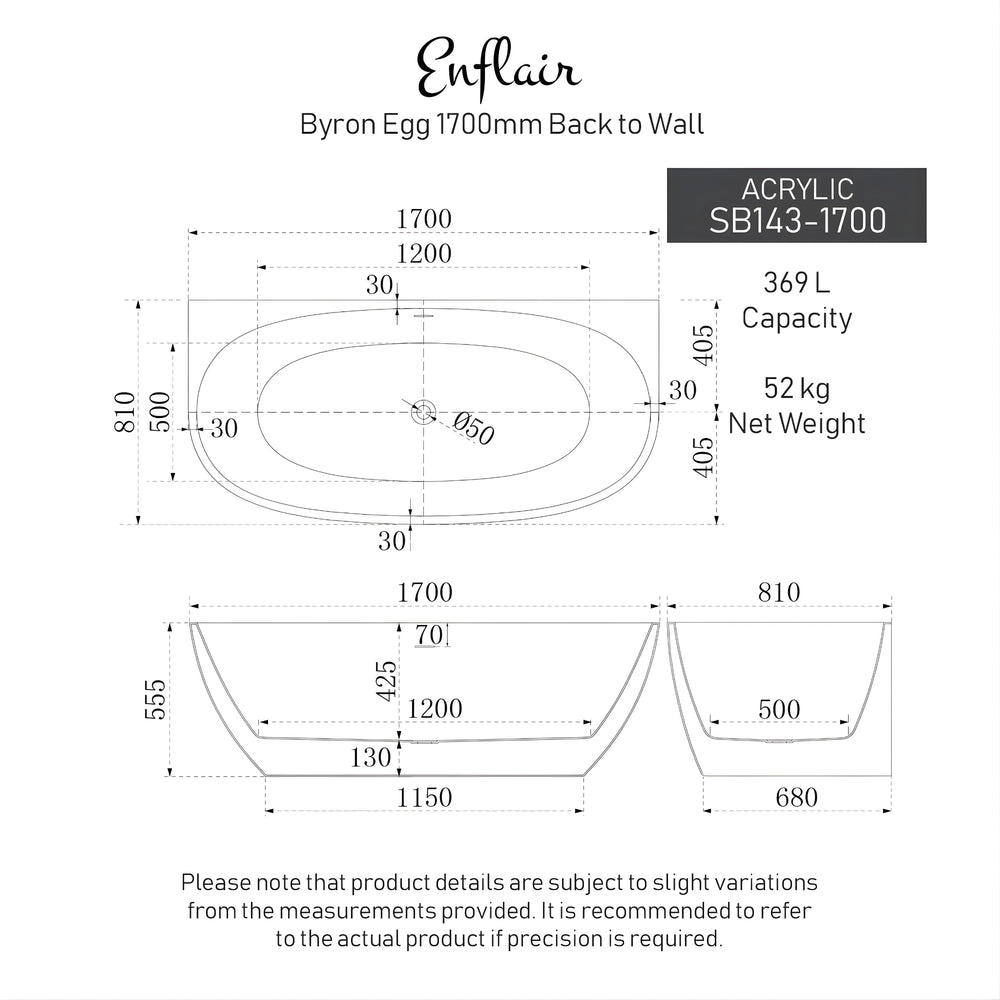 ENFLAIR BYRON EGG BACK TO WALL FREESTANDING BATH WITH OVERFLOW GLOSS WHITE (MULTIPLE SIZES AVAILABLE)