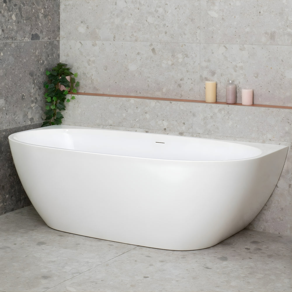 ENFLAIR BYRON EGG BACK TO WALL FREESTANDING BATH WITH OVERFLOW GLOSS WHITE (MULTIPLE SIZES AVAILABLE)