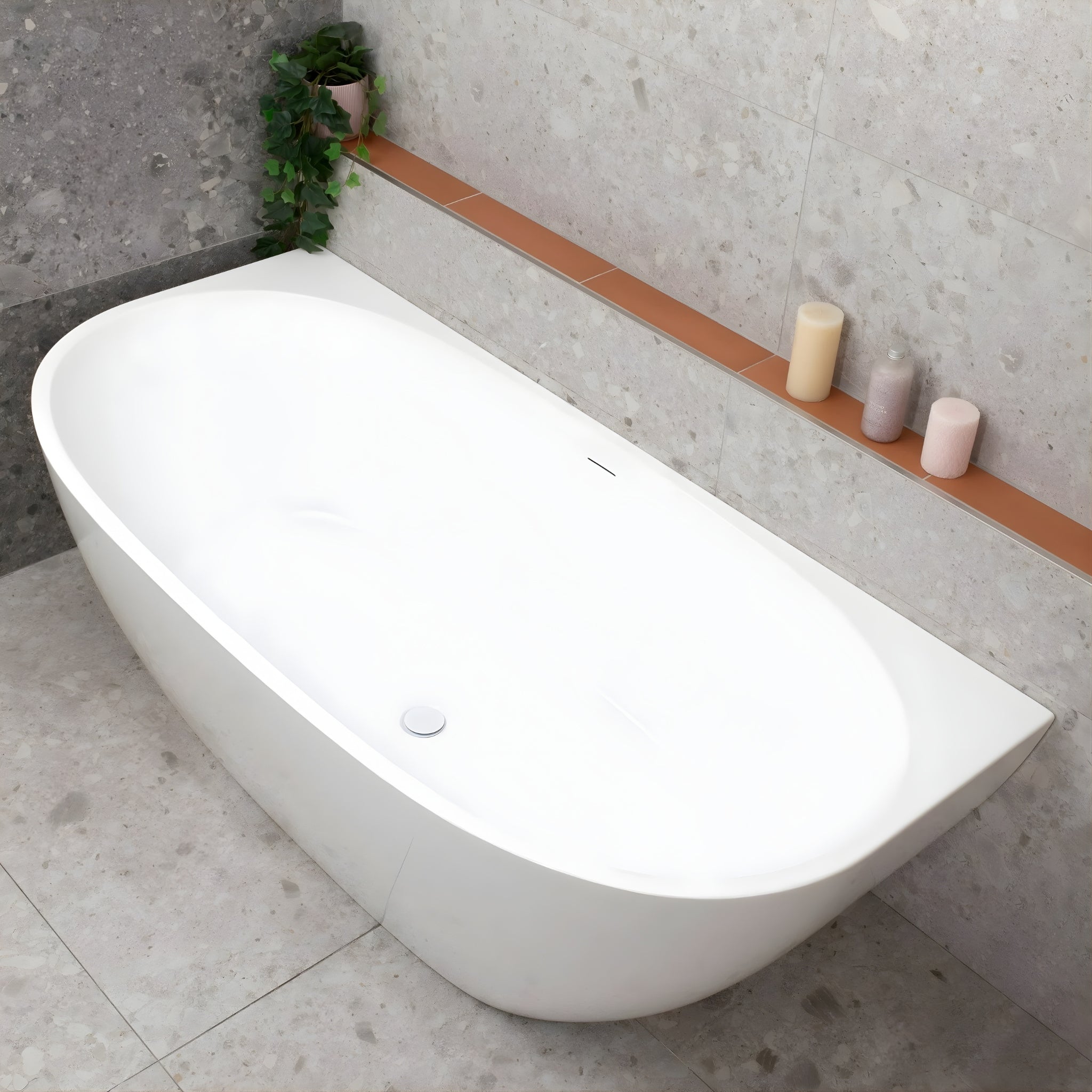 ENFLAIR BYRON EGG BACK TO WALL FREESTANDING BATH WITH OVERFLOW GLOSS WHITE (MULTIPLE SIZES AVAILABLE)