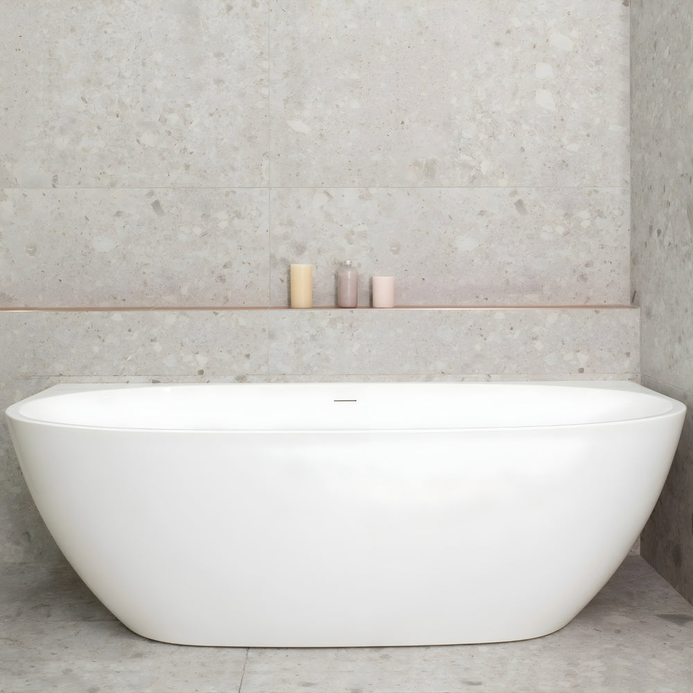 ENFLAIR BYRON EGG BACK TO WALL FREESTANDING BATH WITH OVERFLOW GLOSS WHITE (MULTIPLE SIZES AVAILABLE)