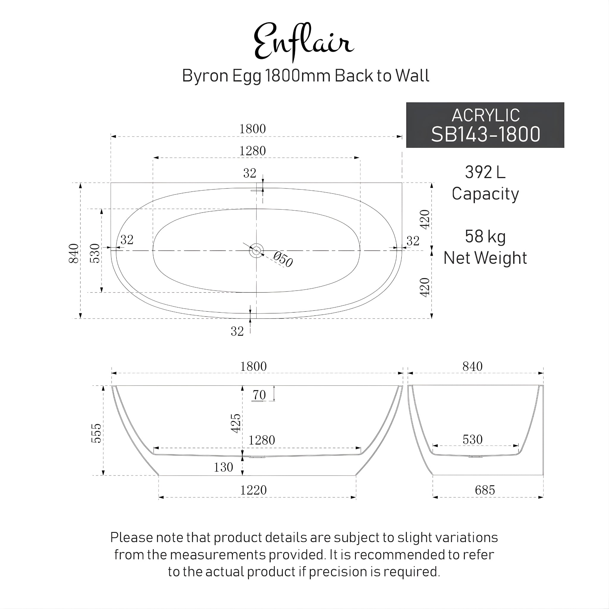 ENFLAIR BYRON EGG BACK TO WALL FREESTANDING BATH WITH OVERFLOW GLOSS WHITE (MULTIPLE SIZES AVAILABLE)