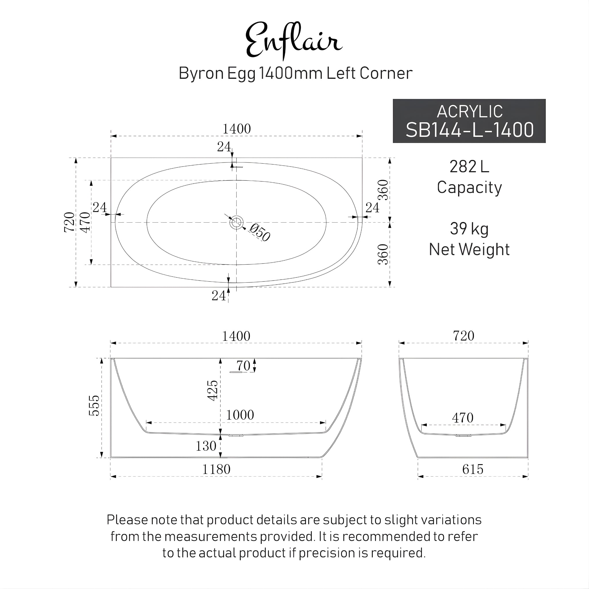ENFLAIR BYRON EGG LEFT CORNER FREESTANDING BATH WITH OVERFLOW MATTE WHITE (MULTIPLE SIZES AVAILABLE)
