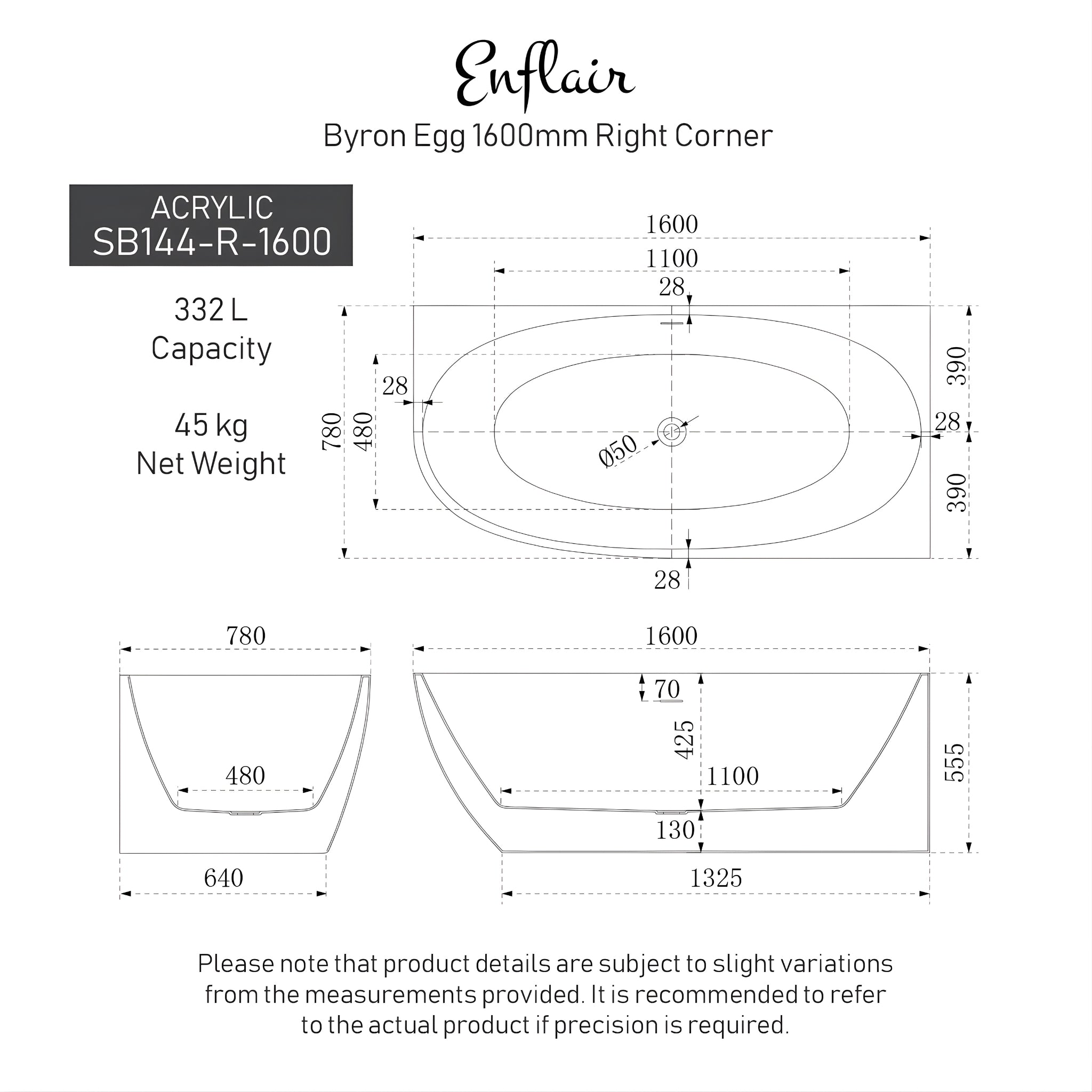 ENFLAIR BYRON EGG RIGHT CORNER FREESTANDING BATH WITH OVERFLOW MATTE WHITE (MULTIPLE SIZES AVAILABLE)
