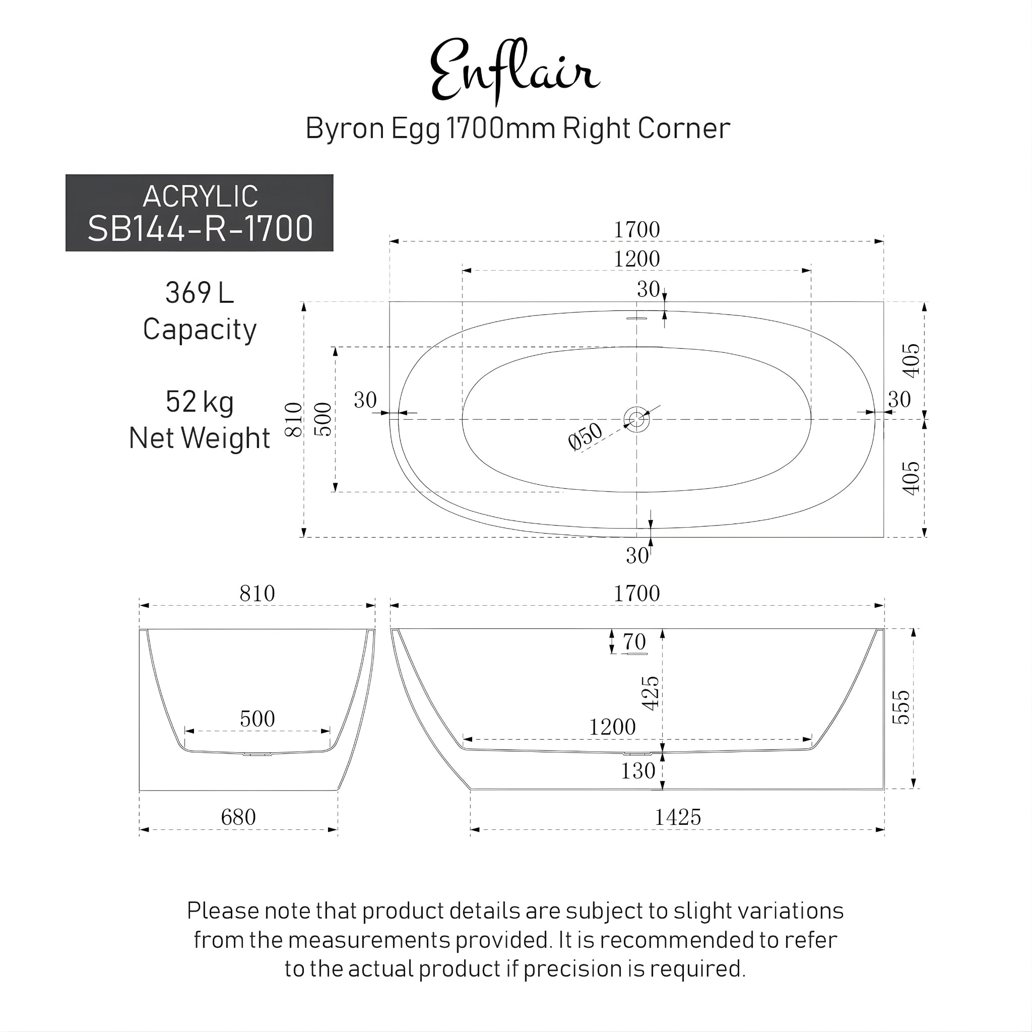 ENFLAIR BYRON EGG RIGHT CORNER FREESTANDING BATH WITH OVERFLOW MATTE BLACK (MULTIPLE SIZES AVAILABLE)
