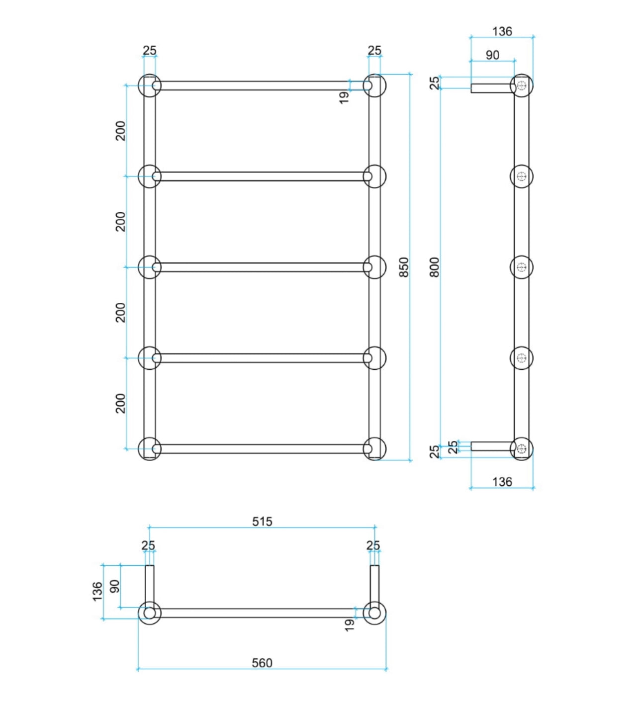 THERMOGROUP STRAIGHT ROUND HERITAGE LADDER HEATED TOWEL RAIL 560MM