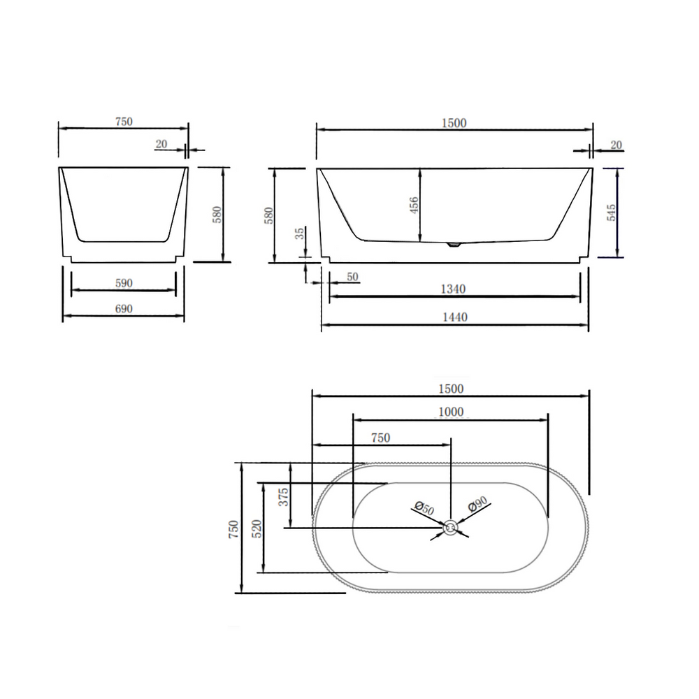 ENFLAIR BRIGHTON GROOVE FREESTANDING BATHTUB GLOSS WHITE (AVAILABLE IN 1500MM AND 1700MM)