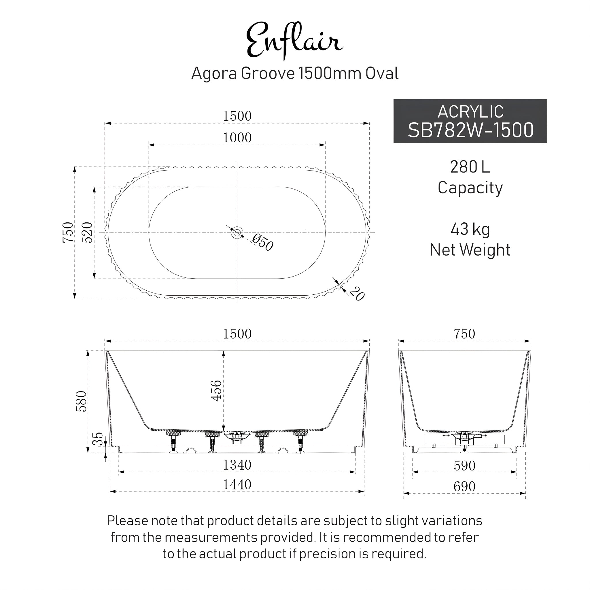 ENFLAIR AGORA GROOVE FLUTED FREESTANDING BATHTUB MATTE BLACK (AVAILABLE IN 1500MM AND 1700MM)