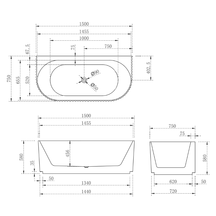 ENFLAIR BRIGHTON GROOVE FREESTANDING BACK TO WALL BATHTUB MATTE WHITE (AVAILABLE IN 1500MM AND 1700MM)