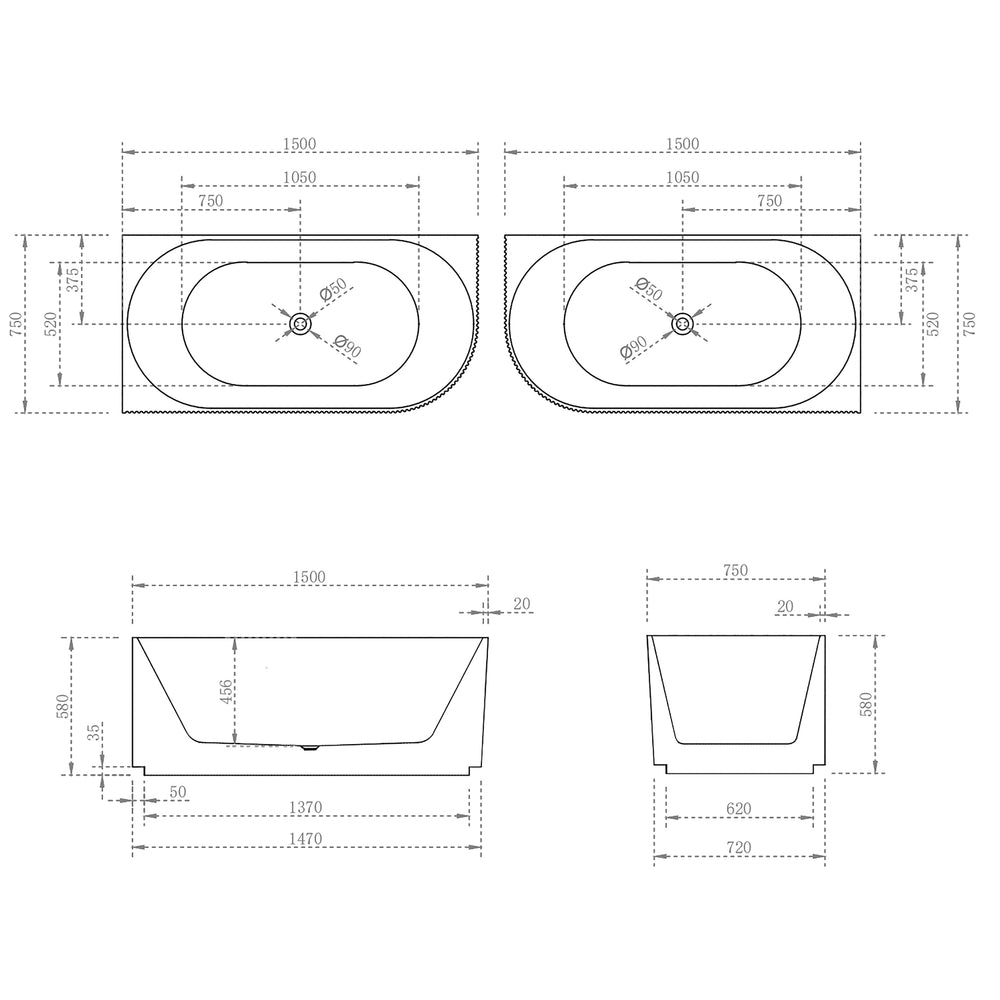 ENFLAIR BRIGHTON GROOVE FREESTANDING RIGHT CORNER BATHTUB MATTE WHITE (AVAILABLE IN 1500MM AND 1700MM)