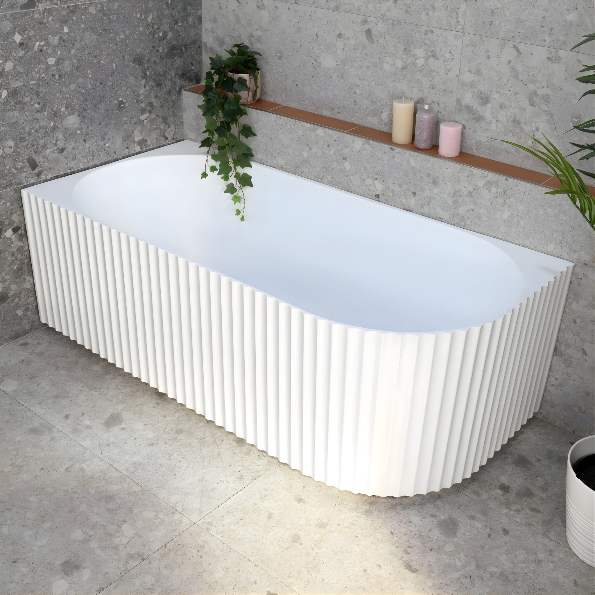 ENFLAIR AGORA GROOVE FLUTED LEFT CORNER BATHTUB MATTE WHITE (AVAILABLE IN 1500MM AND 1700MM)