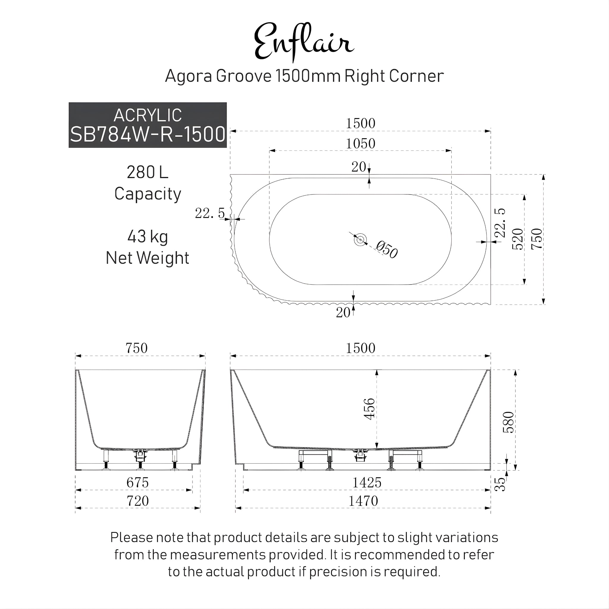 ENFLAIR AGORA GROOVE FLUTED RIGHT CORNER BATHTUB MATTE BLACK (AVAILABLE IN 1500MM AND 1700MM)