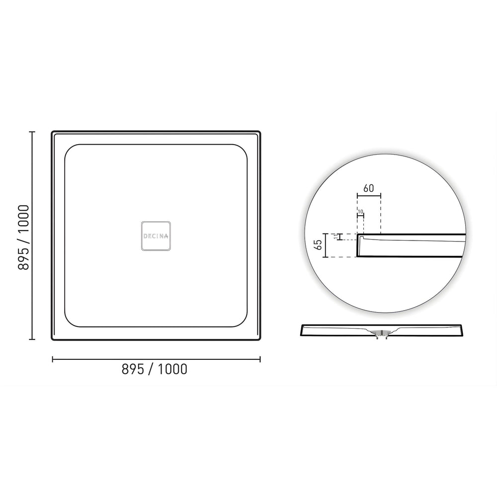 DECINA LUNA CENTRE WASTE SHOWER BASE GLOSS WHITE (AVAILABLE IN 900MM AND 1000MM)