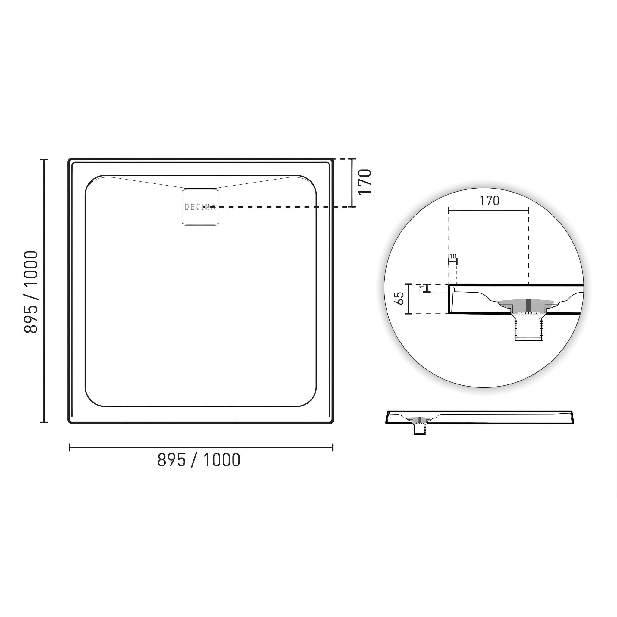 DECINA LUNA REAR WASTE SHOWER BASE GLOSS WHITE (AVAILABLE IN 900MM AND 1000MM)
