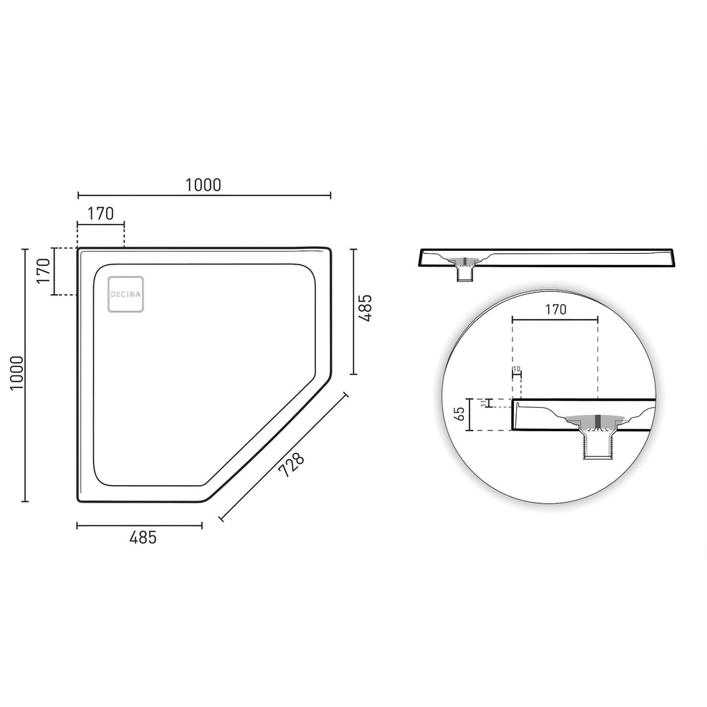 DECINA LUNA ANGLED SHOWER BASE 1000MM GLOSS WHITE