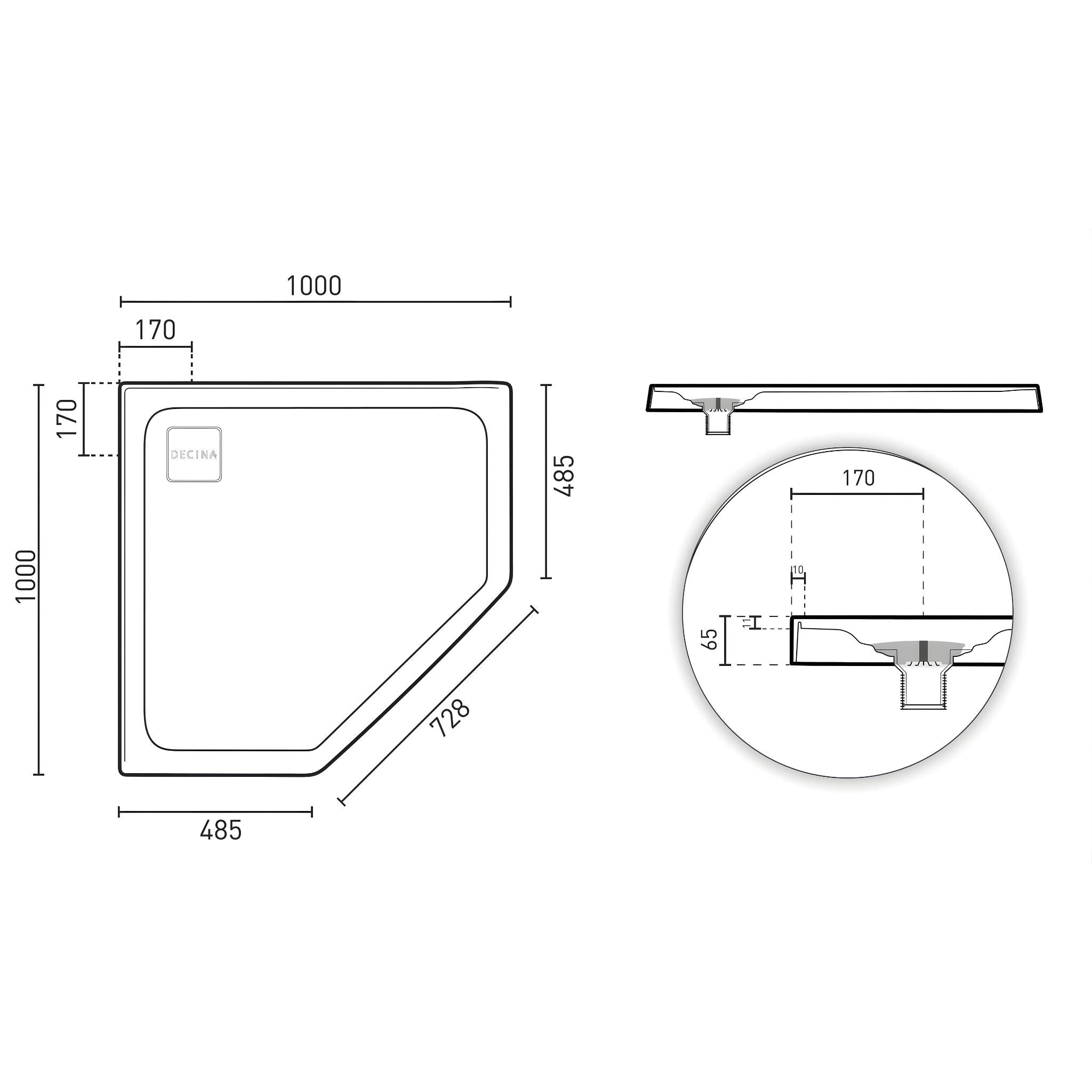 DECINA LUNA ANGLED SHOWER BASE 1000MM GLOSS WHITE