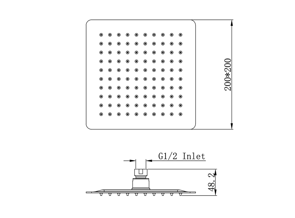 Linsol Scala 200mm Square Shower Head - Line Drawing