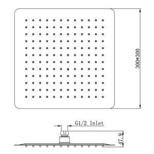 Linsol Scala 300mm Square Shower Head - Line Drawing
