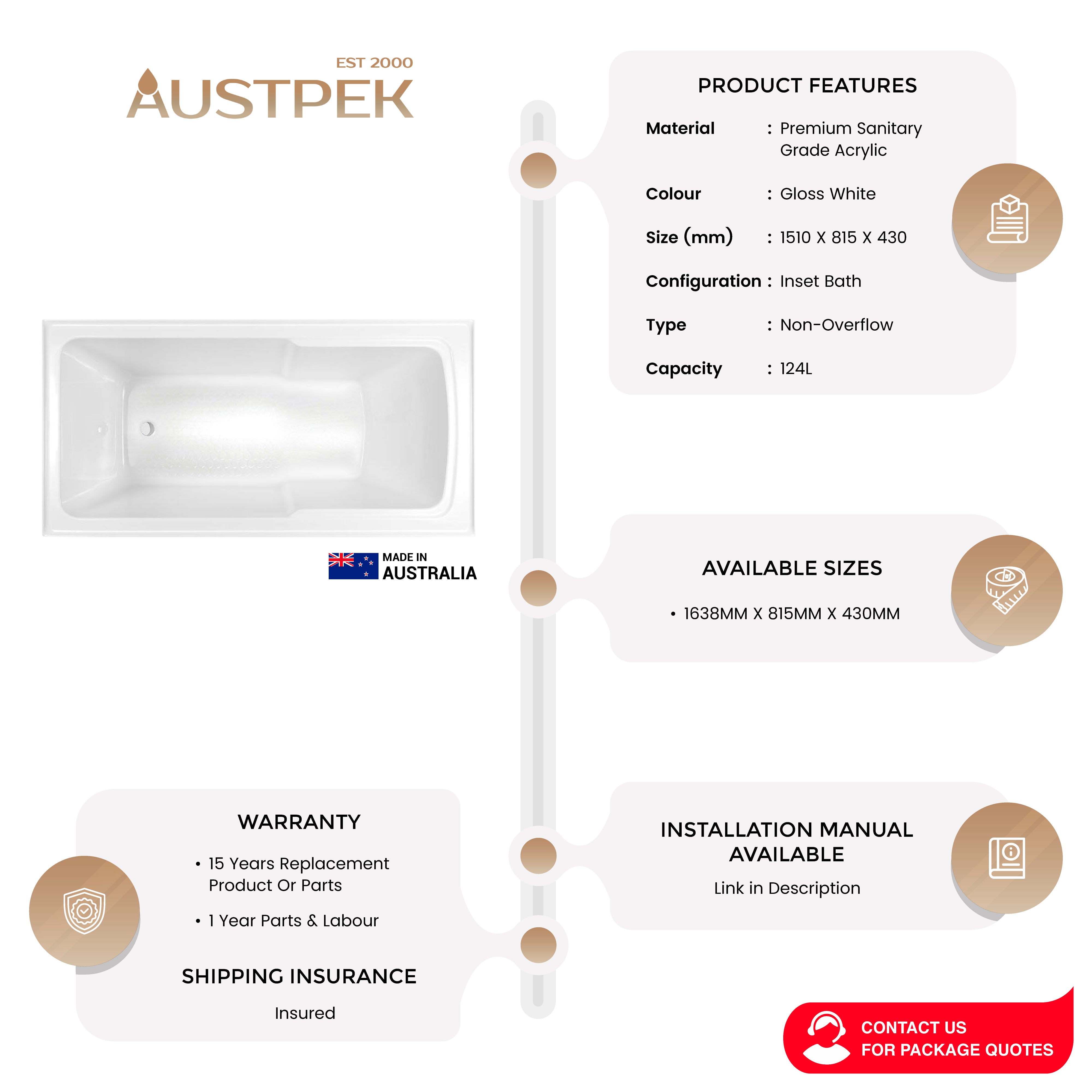 DECINA SCARLET INSET BATH GLOSS WHITE (AVAILABLE IN 1510MM AND 1638MM)