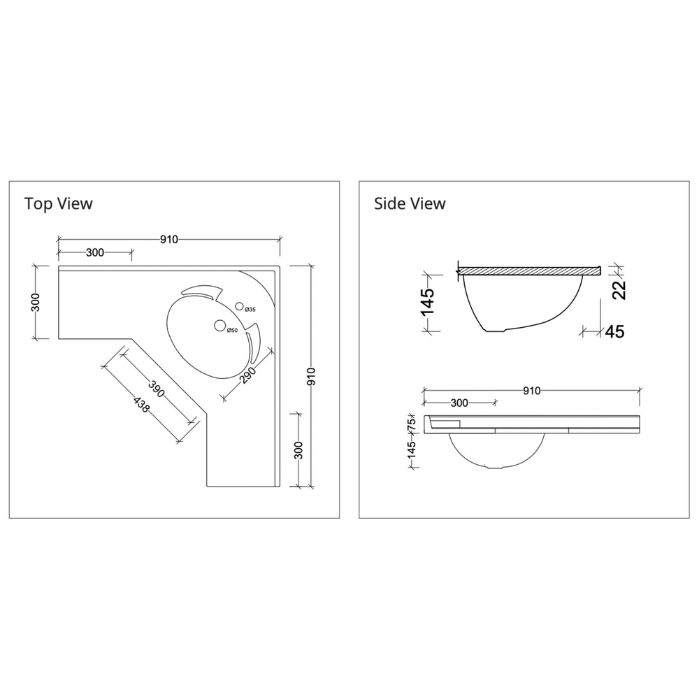DUROCLASS SUPREME CORNER GLOSS WHITE SINGLE BOWL UNDERMOUNT VANITY TOP (AVAILABLE IN 610MM AND 910MM)