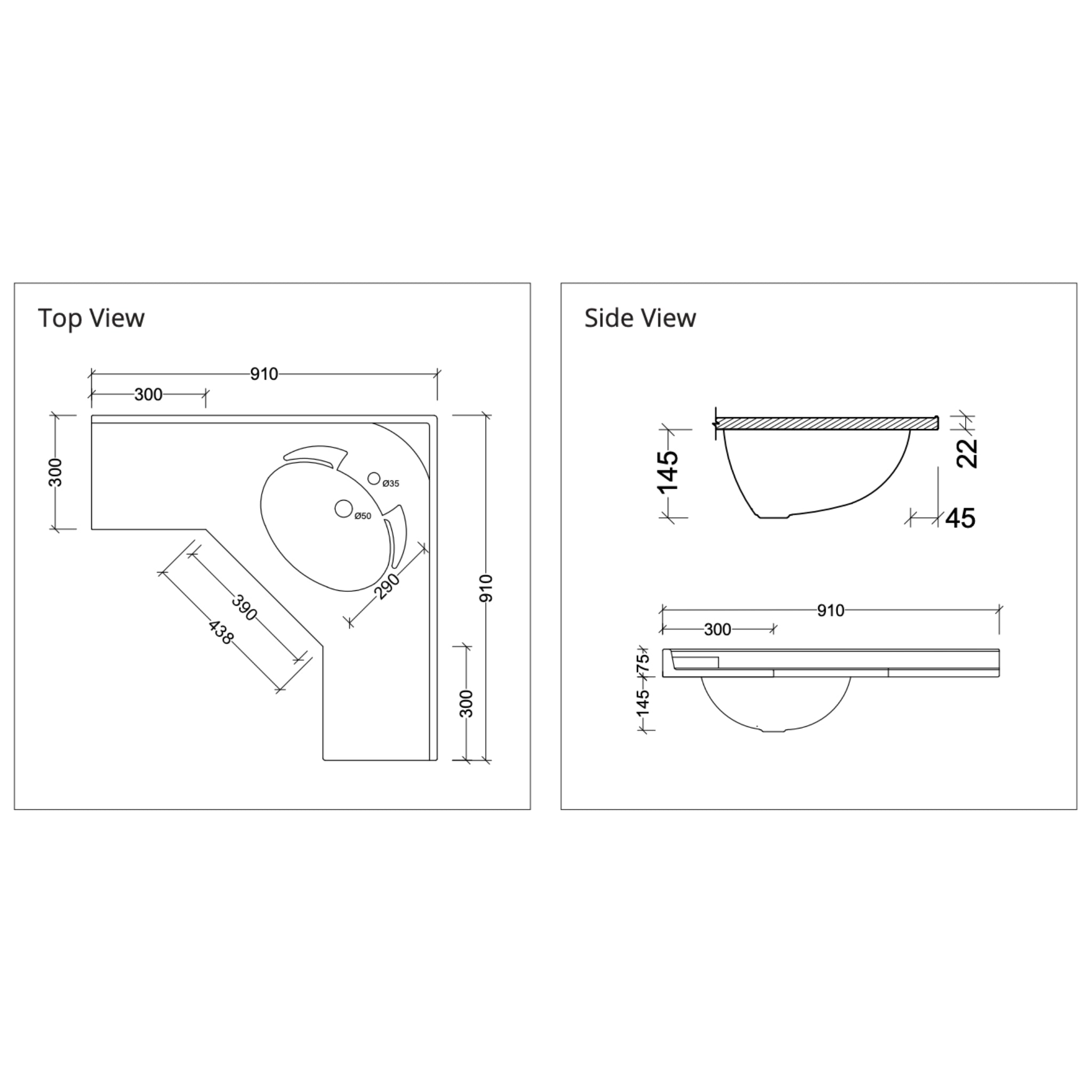 DUROCLASS SUPREME CORNER GLOSS WHITE SINGLE BOWL UNDERMOUNT VANITY TOP (AVAILABLE IN 610MM AND 910MM)
