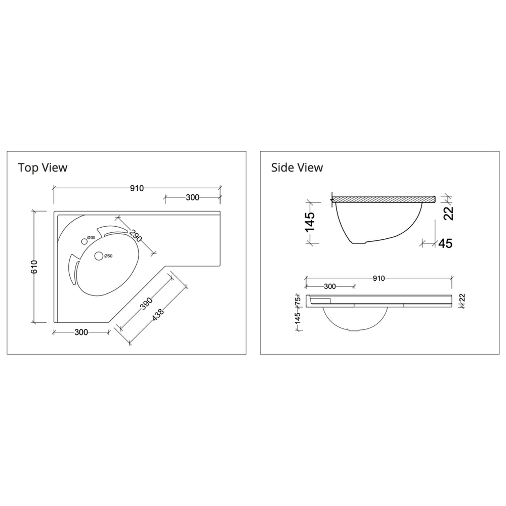 DUROCLASS SUPREME CORNER GLOSS WHITE OFFSET SINGLE BOWL UNDERMOUNT VANITY TOP 910MM