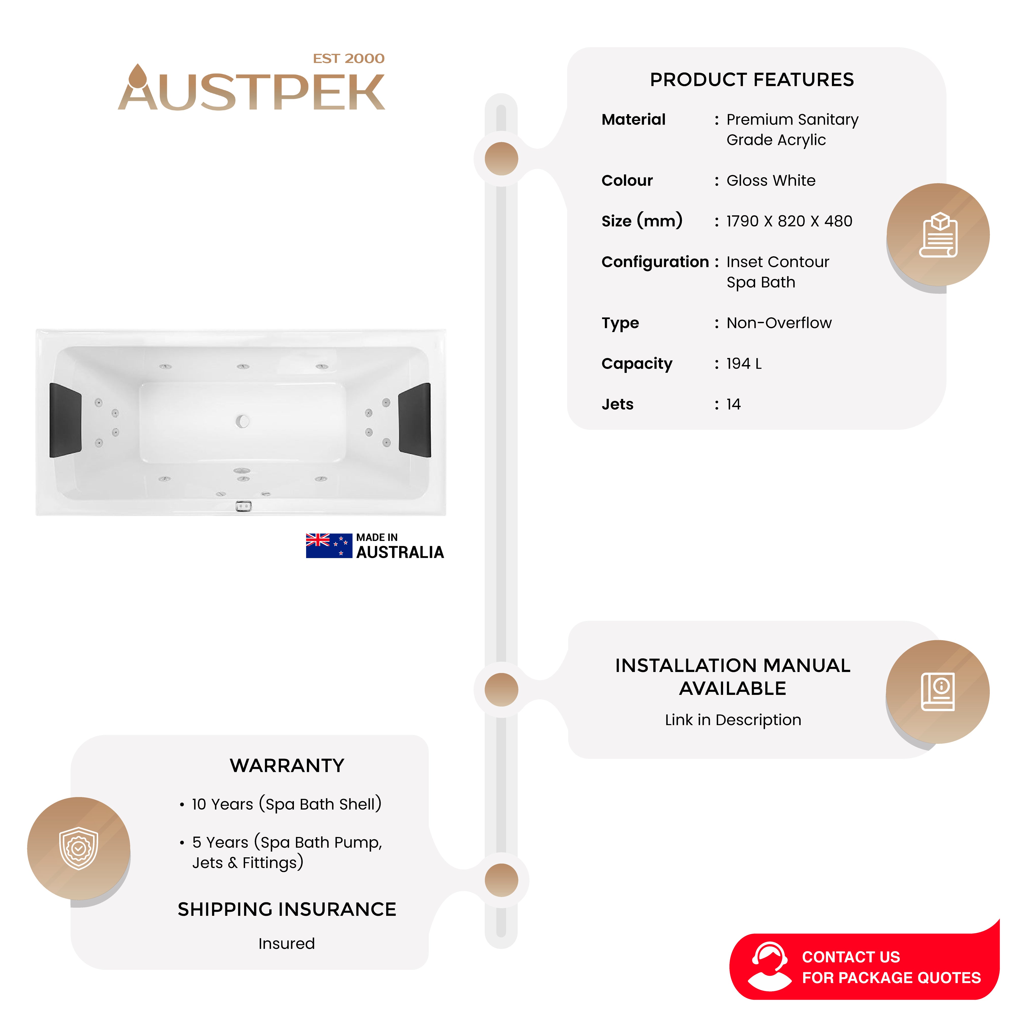 DECINA SAN DIEGO INSET CONTOUR SPA BATH GLOSS WHITE 1790MM WITH 14-JETS