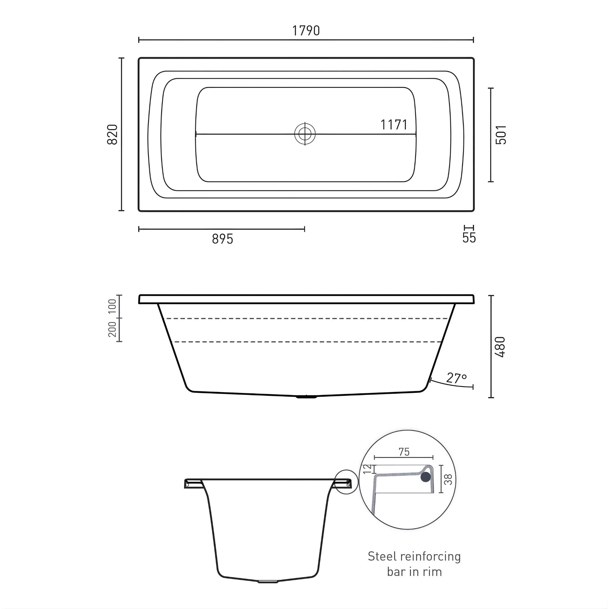 DECINA SAN DIEGO INSET CONTOUR SPA BATH GLOSS WHITE 1790MM WITH 14-JETS
