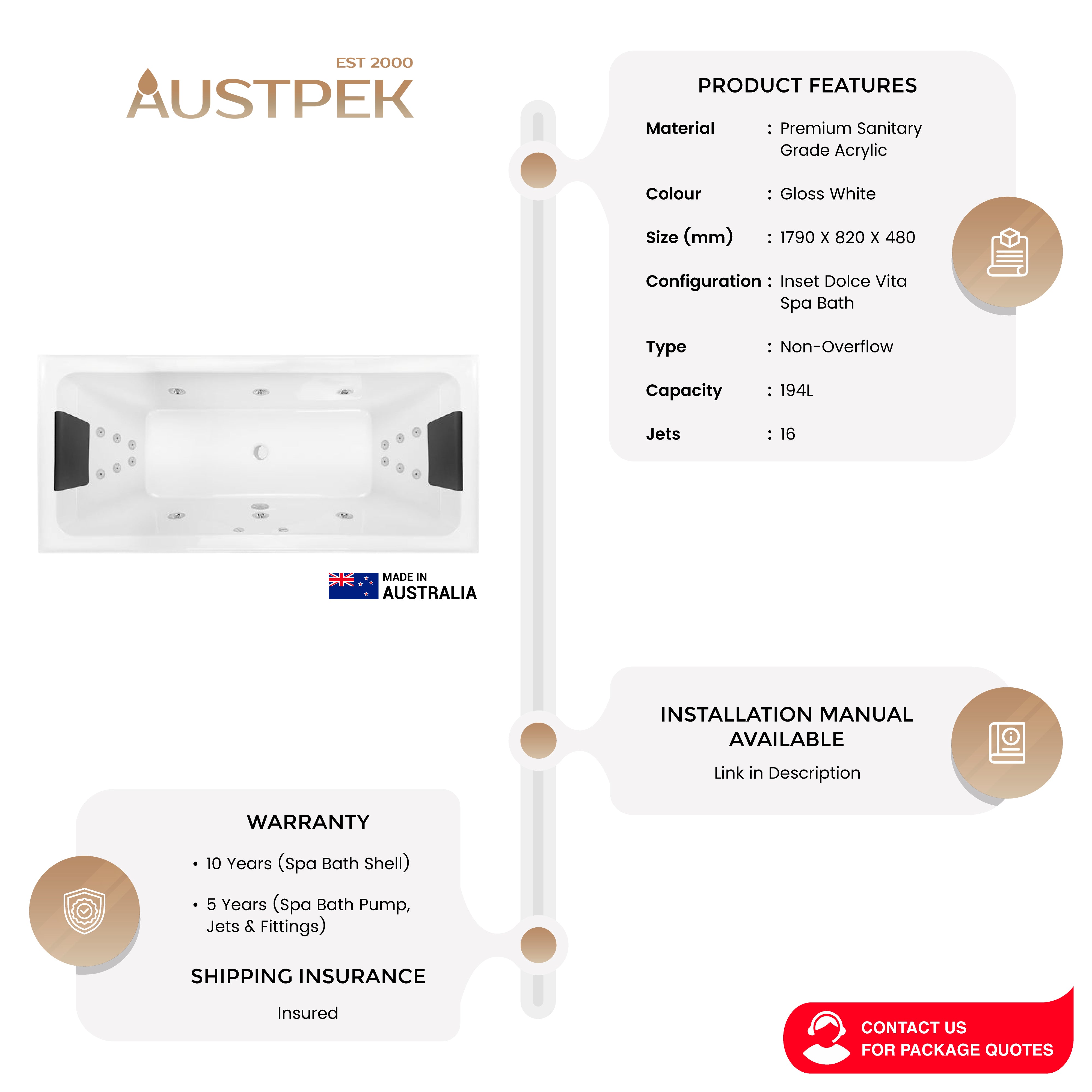 DECINA SAN DIEGO INSET DOLCE VITA SPA BATH GLOSS WHITE 1790MM WITH 18-JETS