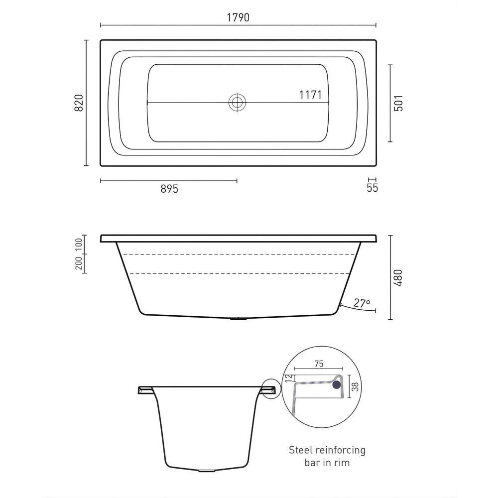DECINA SAN DIEGO INSET BATH GLOSS WHITE 1790MM