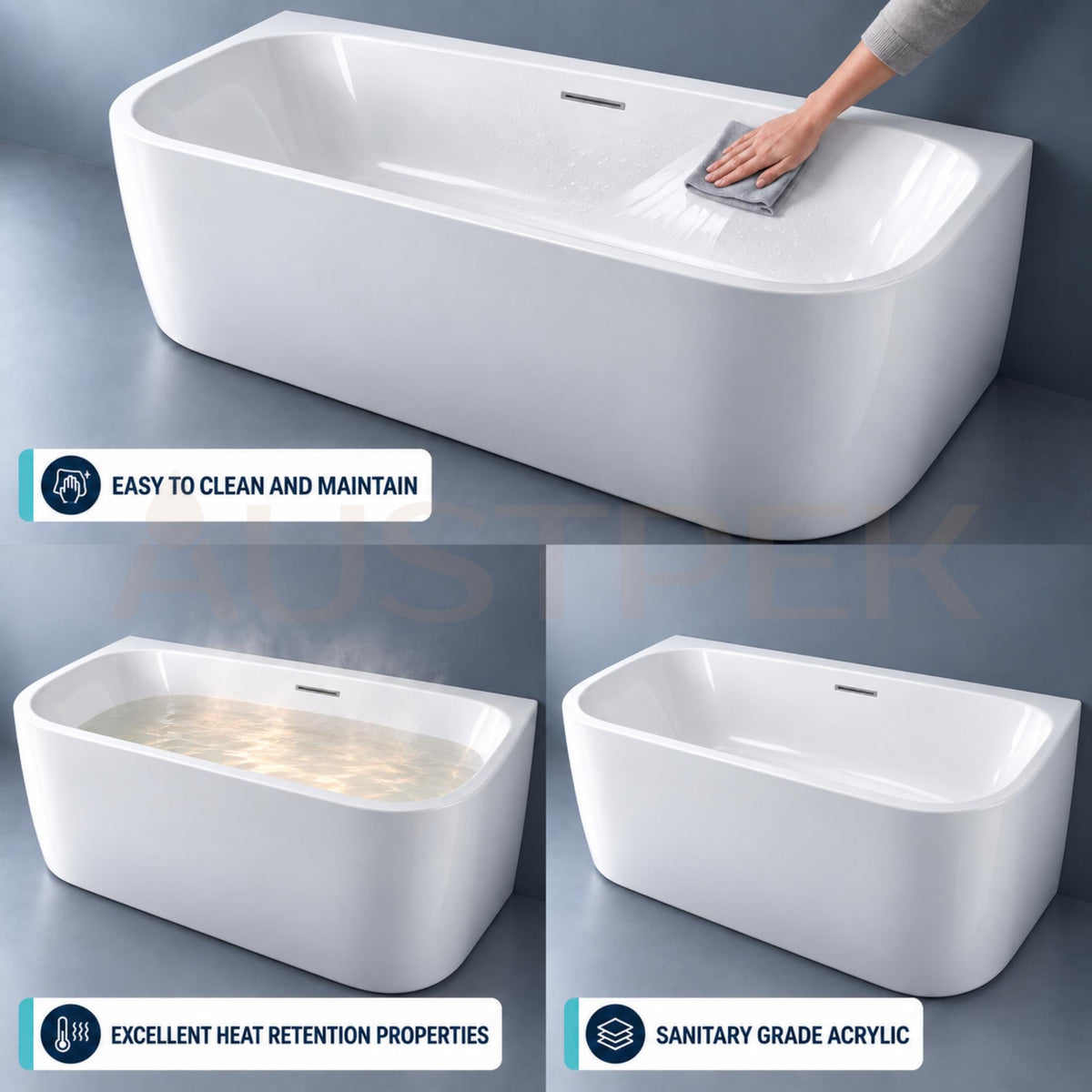 SEIMA PLATI 135 BACK-TO-WALL BATHTUB WITH OVERFLOW GLOSS WHITE (AVAILABLE IN 1400MM, 1500MM AND 1700MM)