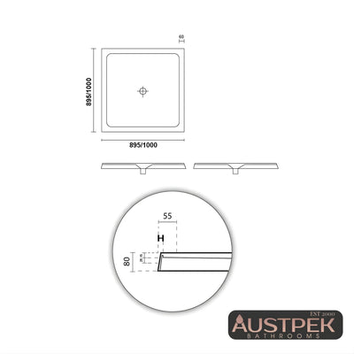 DECINA PRELUDE CENTRE OUTLET SHOWER BASE GLOSS WHITE (AVAILABLE IN 895MM AND 1000MM)