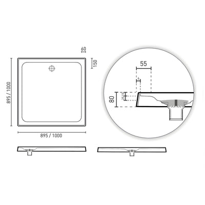 DECINA PRELUDE REAR OUTLET SHOWER BASE GLOSS WHITE (AVAILABLE IN 895MM AND 1000MM)