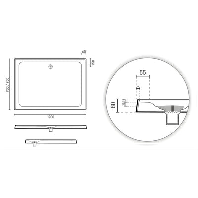 DECINA PRELUDE REAR WASTE SHOWER BASE 1200MM GLOSS WHITE