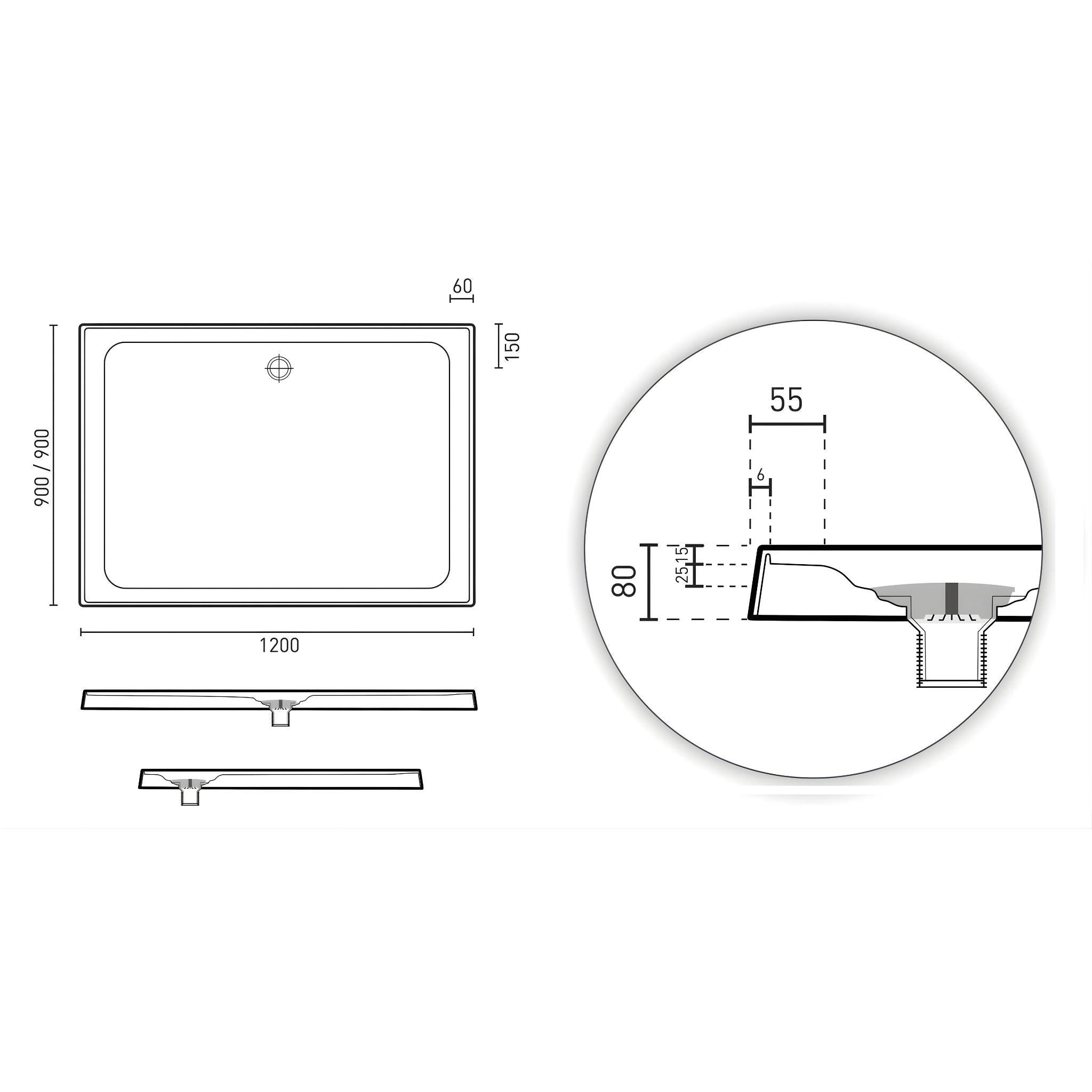 DECINA PRELUDE REAR WASTE SHOWER BASE 1200MM GLOSS WHITE