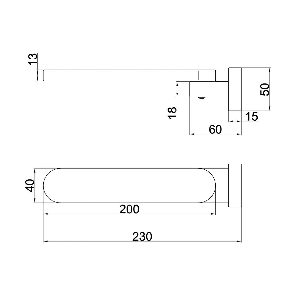 Linsol Shenay S2 Swivel Wall Bath Spout 230mm line drawing