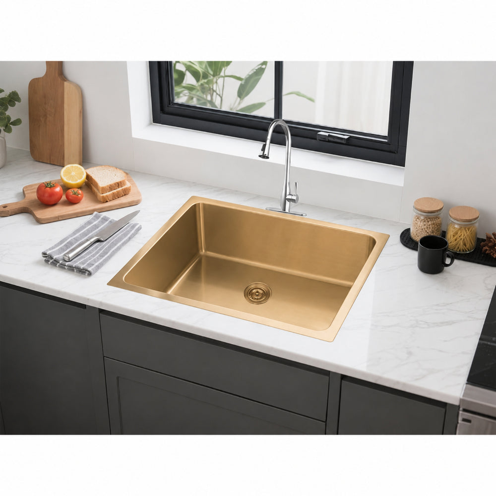 VITO STAINLESS STEEL SINGLE BOWL UNDERMOUNT KITCHEN SINK BRUSHED GOLD 750MM