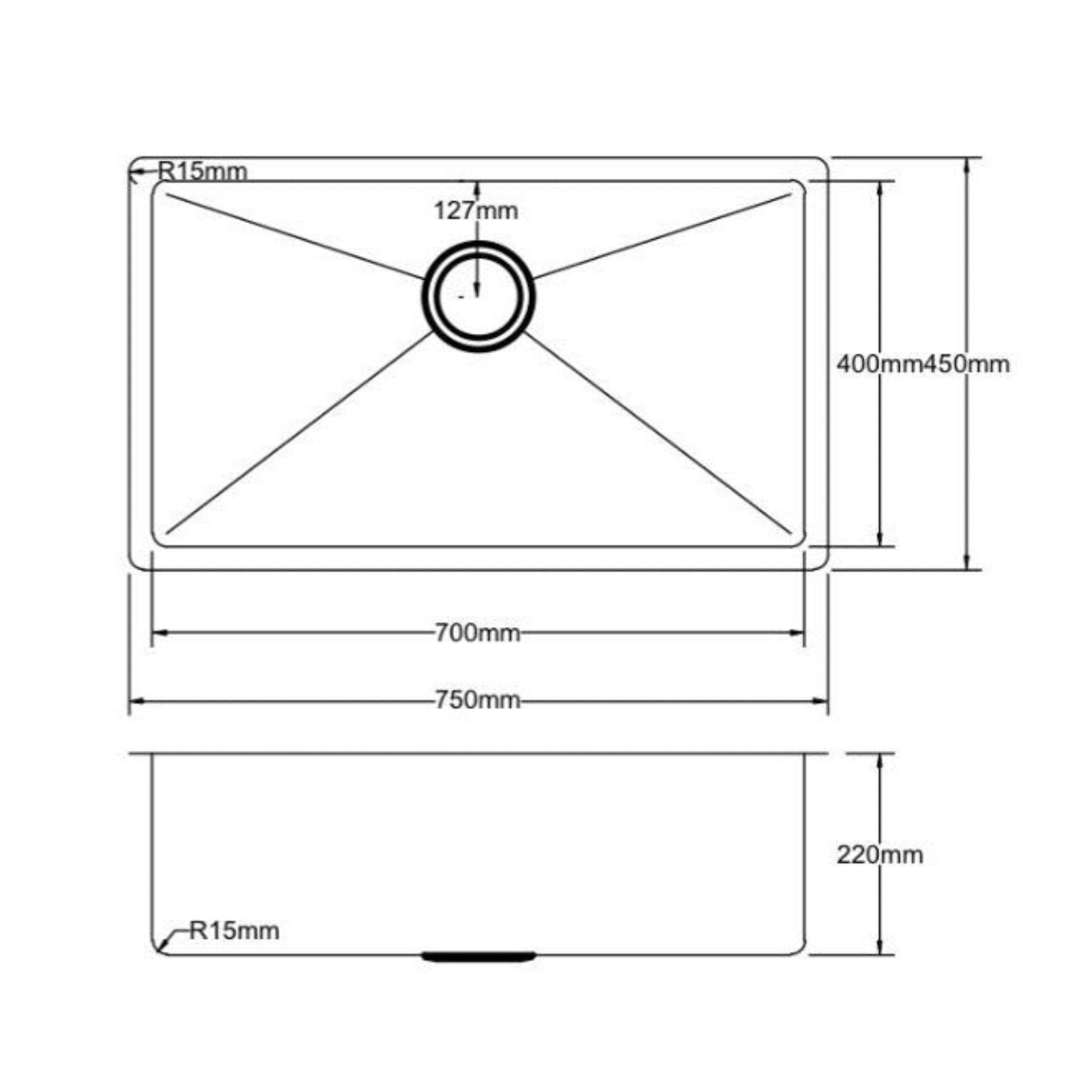 VITO STAINLESS STEEL SINGLE BOWL UNDERMOUNT KITCHEN SINK GUN METAL 750MM