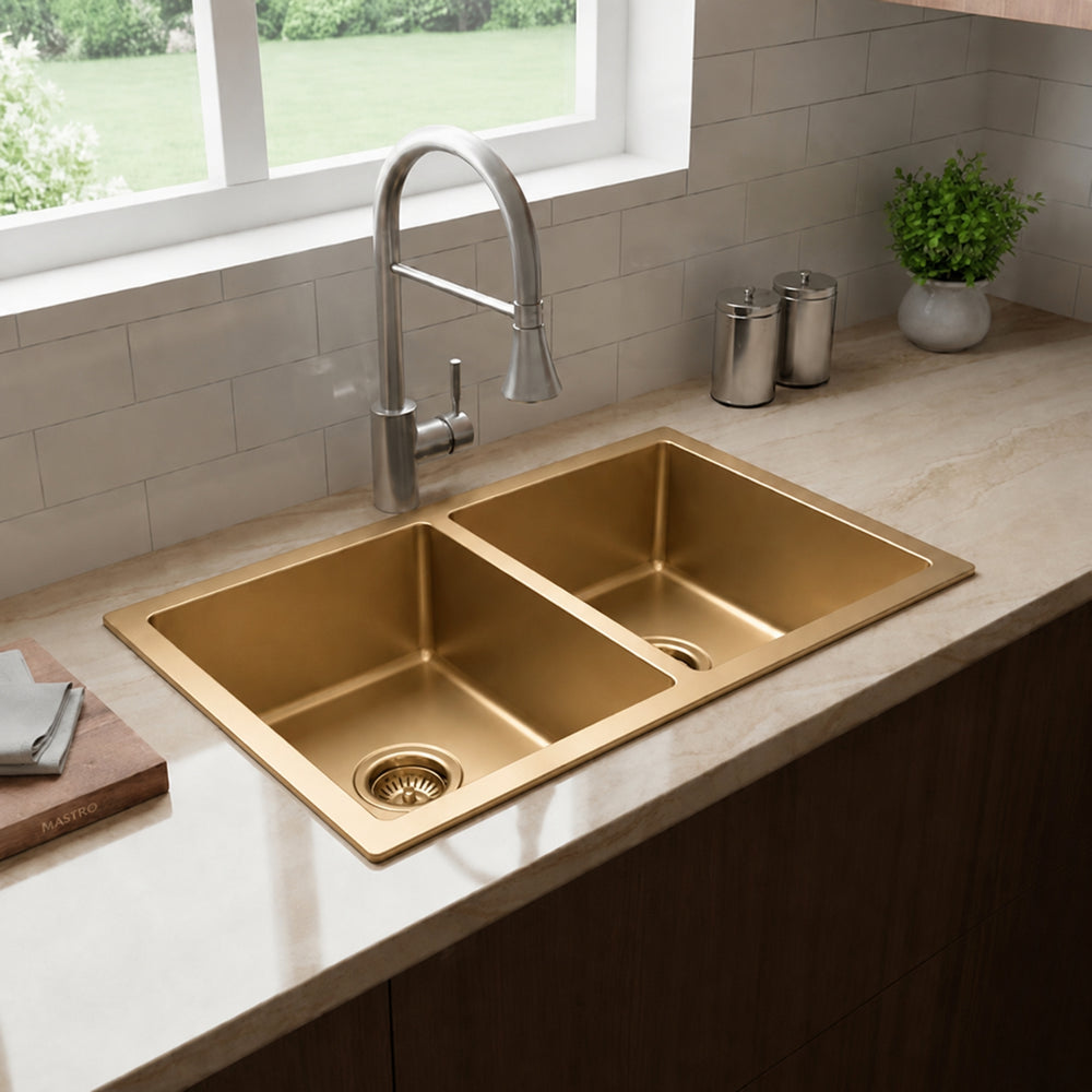 VITO DOUBLE BOWL KITCHEN SINK BRUSHED GOLD 775MM
