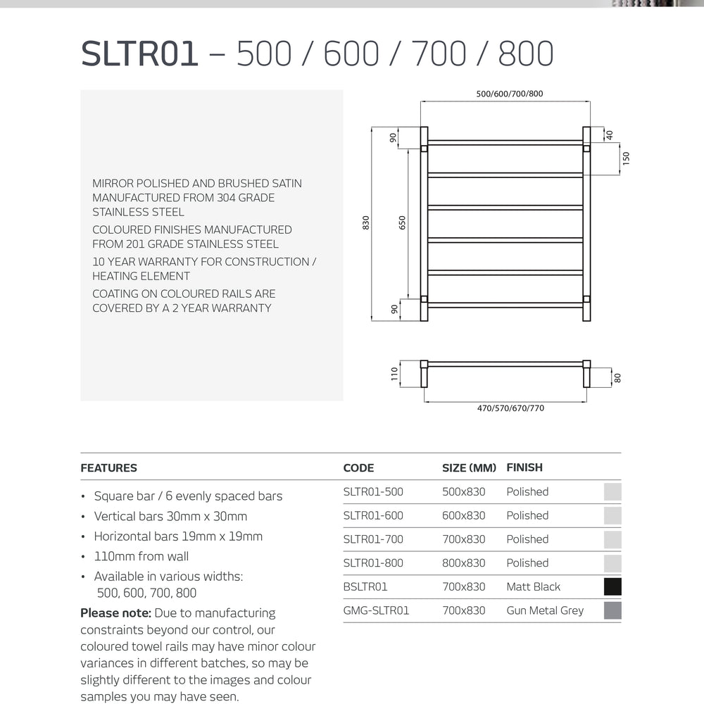 RADIANT HEATING 6-BARS SQUARE NON-HEATED TOWEL RAIL MATTE BLACK 700MM
