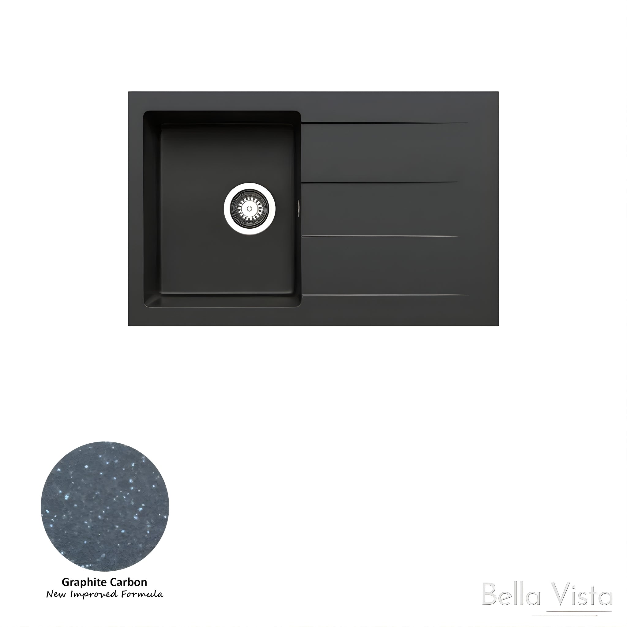 BELLA VISTA PRADUS SINGLE BOWL GRANITE KITCHEN SINK WITH DRAINER GRAPHITE CARBON 790MM