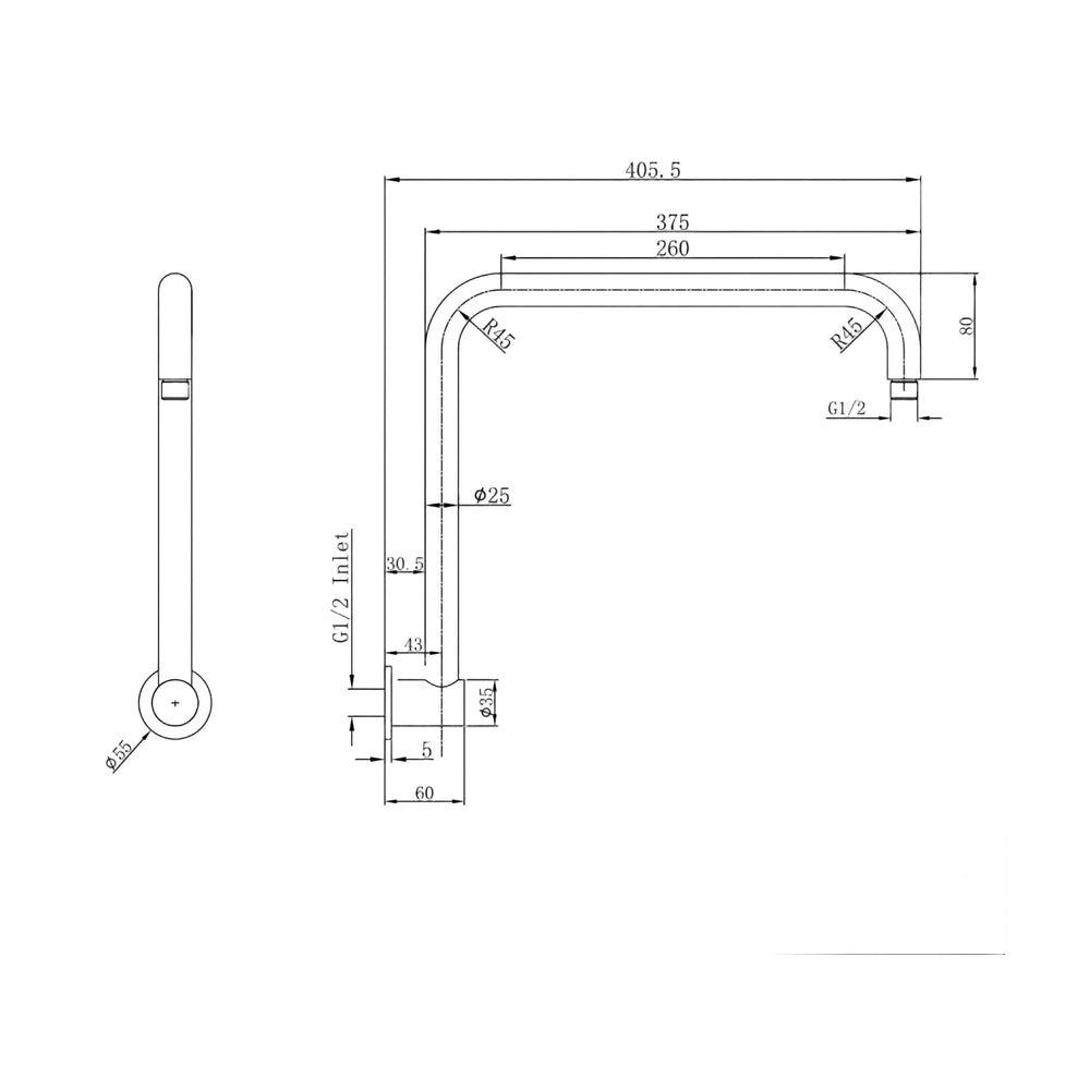 Linsol Sofia Upswept Arm 405mm - Line Drawing