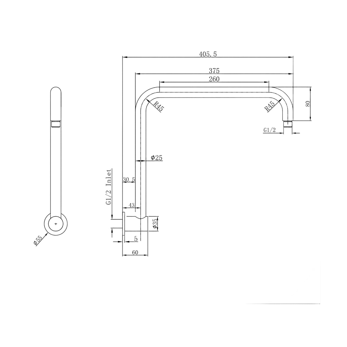Linsol Sofia Upswept Arm 405mm - Line Drawing