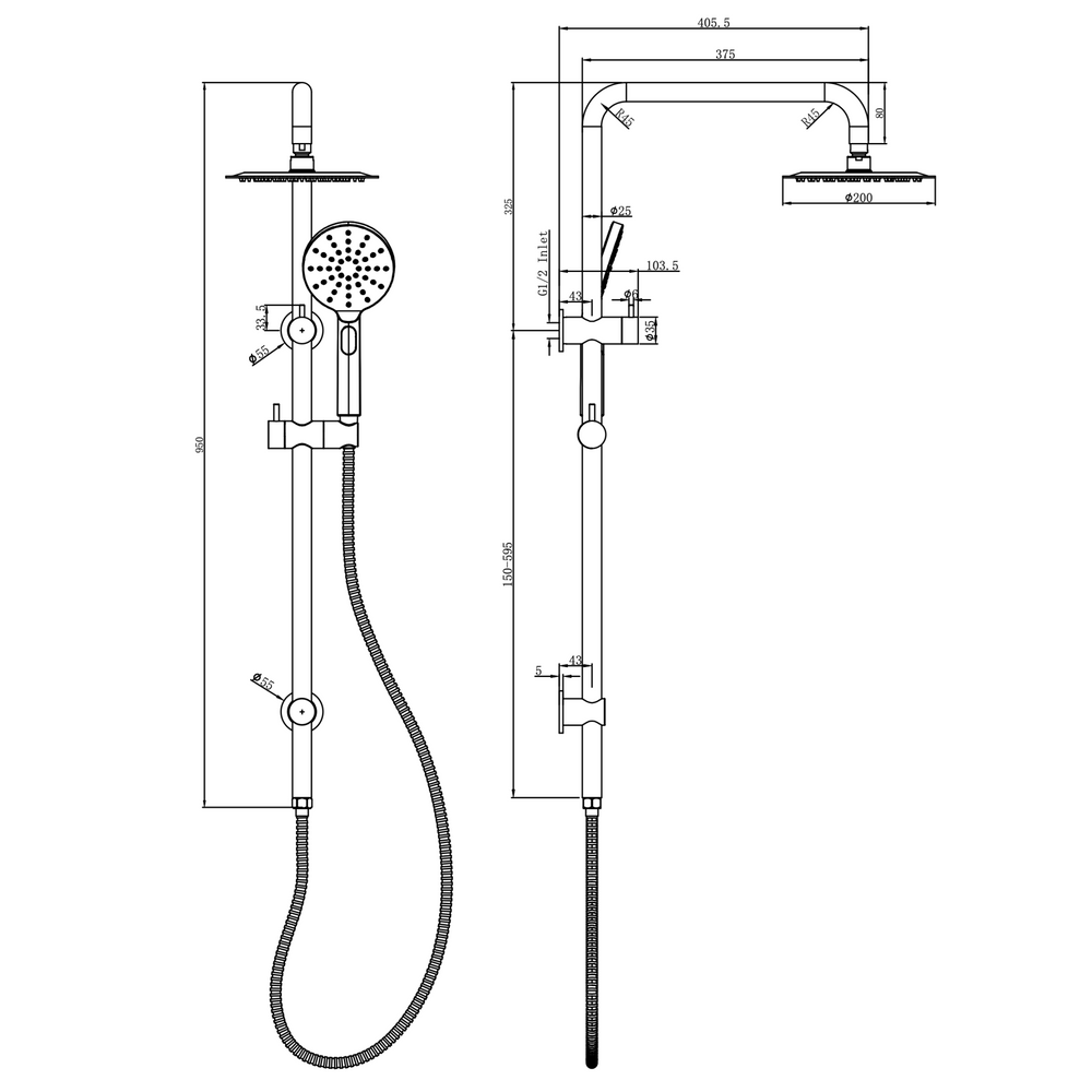 Linsol Sofia Shower Combination Multifunction 200mm dimensions