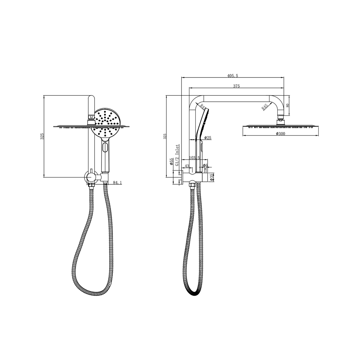 Linsol Sofia Short Shower Combination Multifunction 300mm dimensions