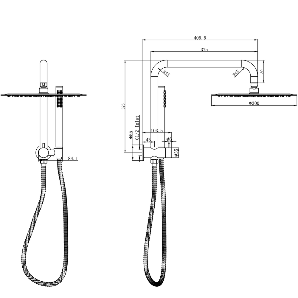 Linsol Sofia Short Shower Combination Slim Handpiece 300mm dimensions