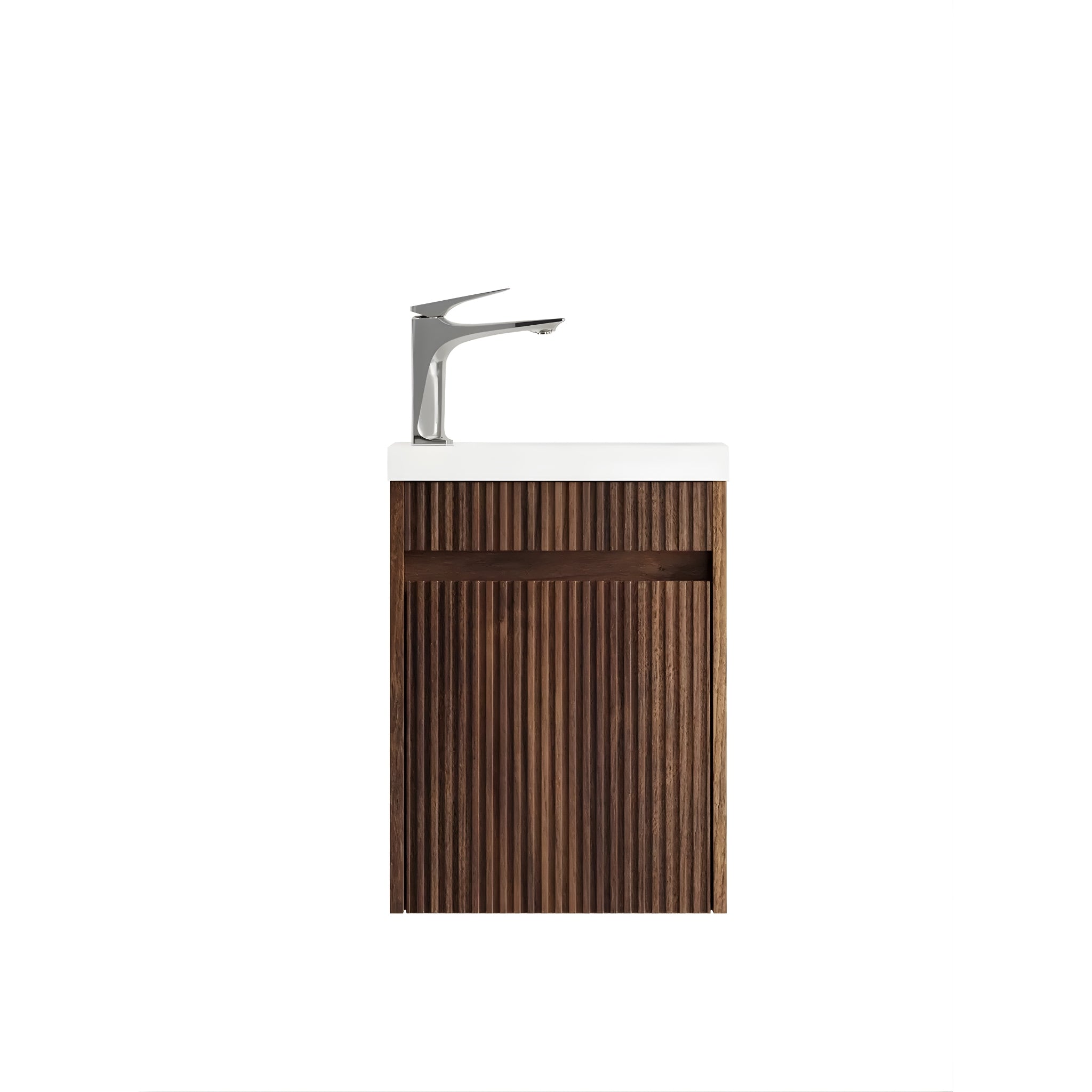 OTTI ENSUITE SABLE WALNUT FLUTED 400MM SPACE SAVING SINGLE BOWL WALL HUNG VANITY WITH CERAMIC TOP