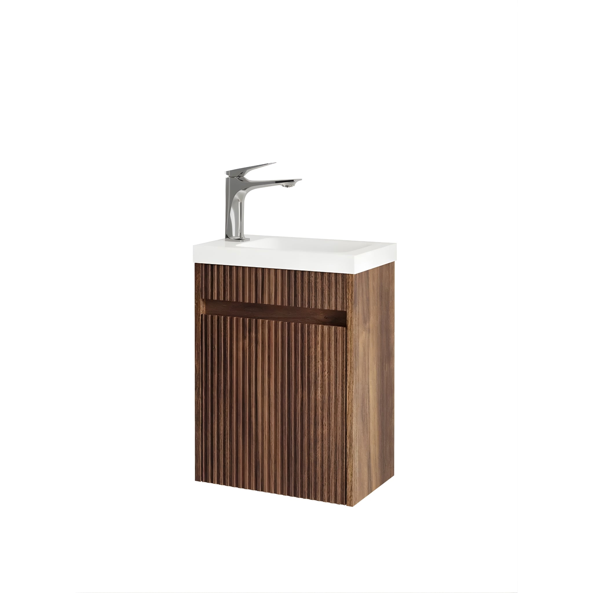 OTTI ENSUITE SABLE WALNUT FLUTED 400MM SPACE SAVING SINGLE BOWL WALL HUNG VANITY WITH CERAMIC TOP